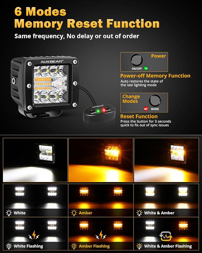 Auxbeam 6 Modes Amber White Series 3-Inch LED Cubes 72W Offroad Pod Lights | Flashing strobe function, Spot flood combo, Dual color light bar, Memory reset, A-pillar ditch lights, Bumper fog lights