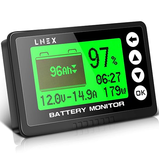 LNEX Portable Battery Monitor with Shunt, 500A Automotive Car Battery Monitor for RV 10V-120V, with High and Low Voltage Programmable Alarm and 26ft Shielded Wire