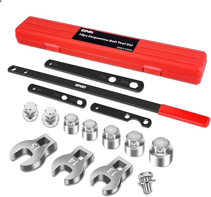 DNA MOTORING 16pc Serpentine Belt Tool Set, Install Remove Serpentine Belts For Spring Loaded, With Case, TOOLS-00539
