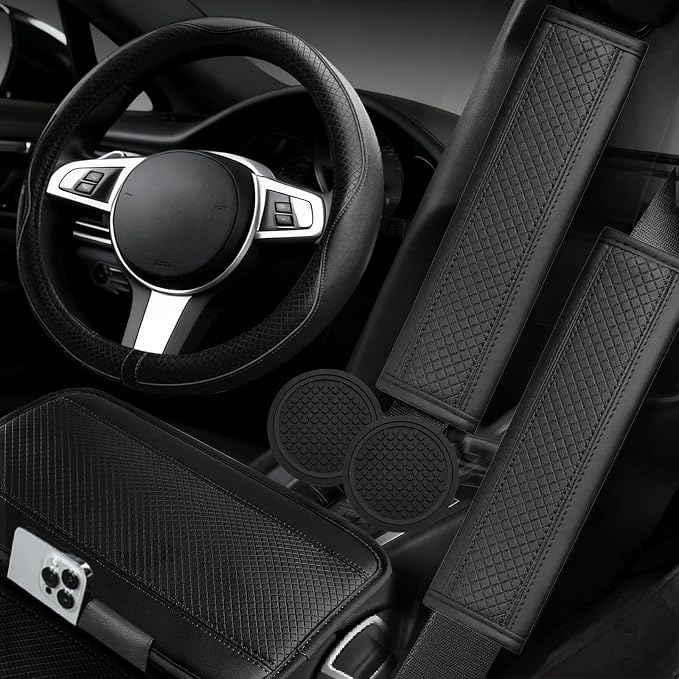 NBTEPEM 6 PCS Car Steering Wheel Cover Set, Microfiber Leather Steering Wheel Covers Universal 14.5-15 inch, Center Console Cover, Seat Belt Cushion, Cup Holder Coaster, Car Accessories Set Black