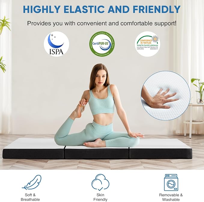 Folding Memory Foam Pads, 3" Tri-Fold Queen Topper with Washable Cover, Non-Slip Portable Guest Floor Bed for Travel Camping