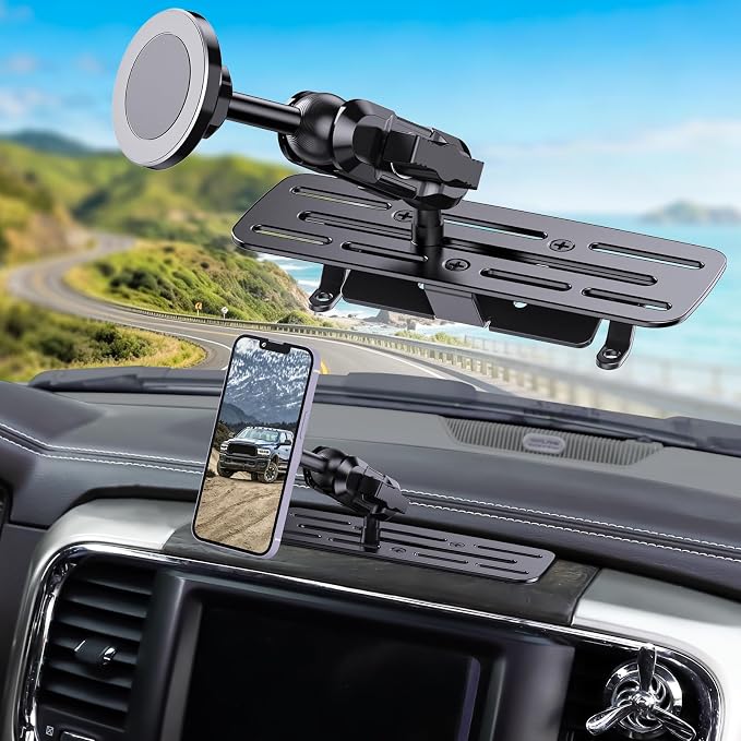 Stainless Steel Phone Mount for 2013-2018 Ram 1500/2500/3500 &2019+ Classic, Magnetic & Clamp Dual Heads, All-Metal Shakeproof OEM Screw Hole Dash Mount Install Super Stable