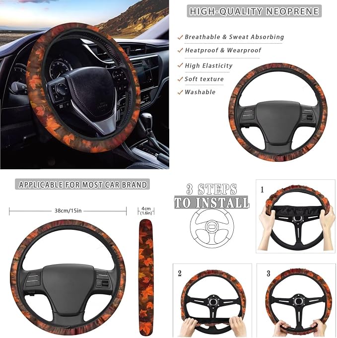 Suobstales Rooster Chicken Pumpkin Butterfly Maple Leaves Print 11 PCS Car Accessories Thanksgiving Decor Car Seat Covers Full Set with Steering Wheel Cover + Seat Belt Covers + Coasters + Keychains