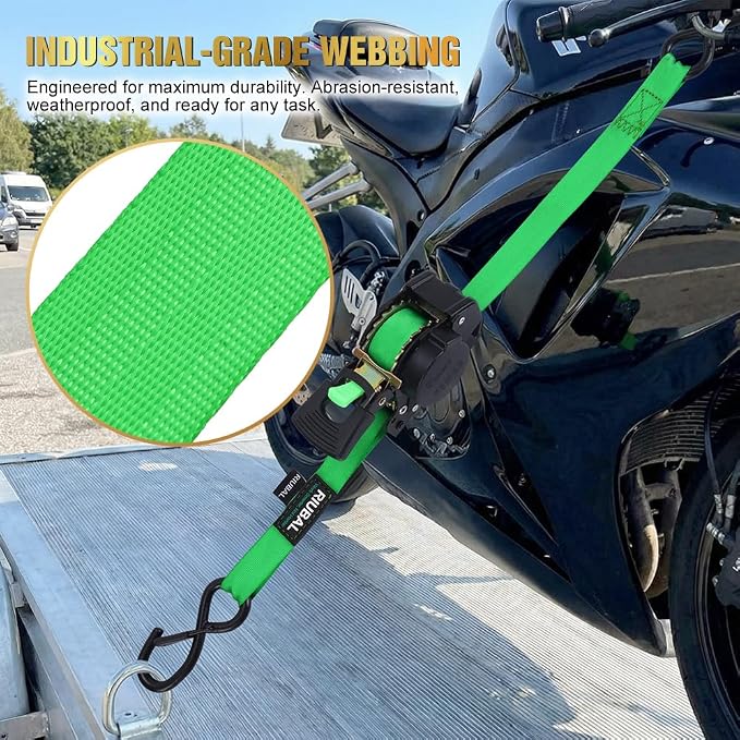 Retractable Ratchet Straps (4-Pack) - 1 Inch x 15 Feet (1,764lb Break Strength) - Auto Self Retracting Tie Down Straps Heavy Duty for Motorcycle, ATV, UTV, Truck, Cargo Trailer – Green