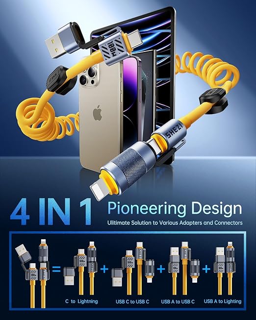 4-in-1 Coiled USB C Cable for Car 5FT [100W Fast Charging] Compatible with Lightning Cable [CarPlay & Android Auto] Multi Charger Cord Combo with L/Type C/USB A Ports for iPhone/iPad (Yellow)