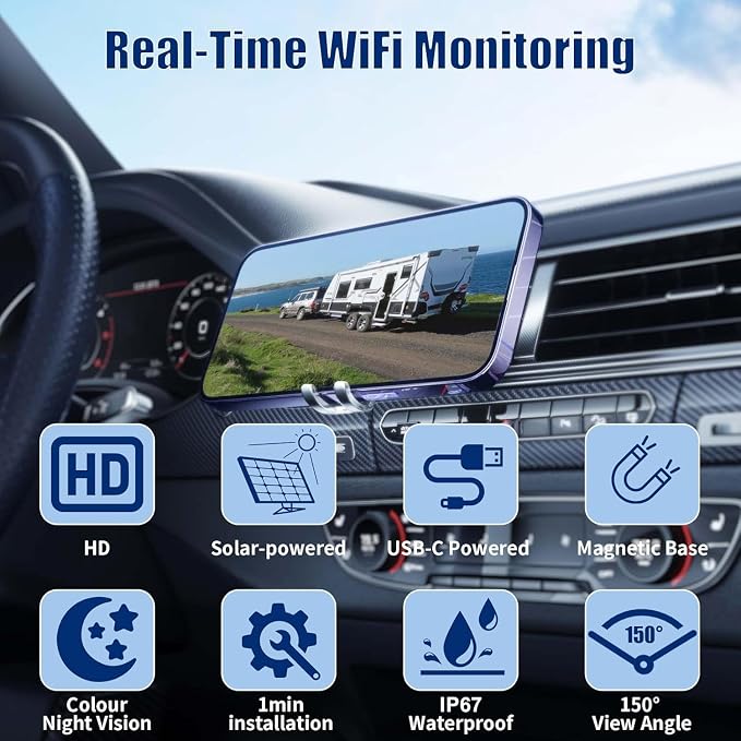 WiFi Magnetic Solar Wireless Backup Camera, 10000mAh Rechargeable 1080P Rear View Camera for Truck RV Trailer Car, DVR Recording Night Vision,Easy Installation