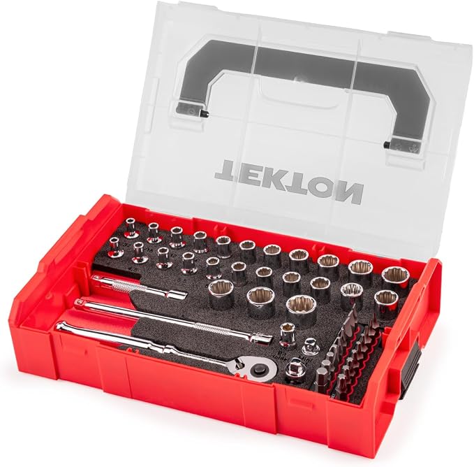 TEKTON 1/4 Inch Drive 12-Point Socket, Bit, and Ratchet Set with Mini Stacking Tool Box (49-Piece) | SKT06301