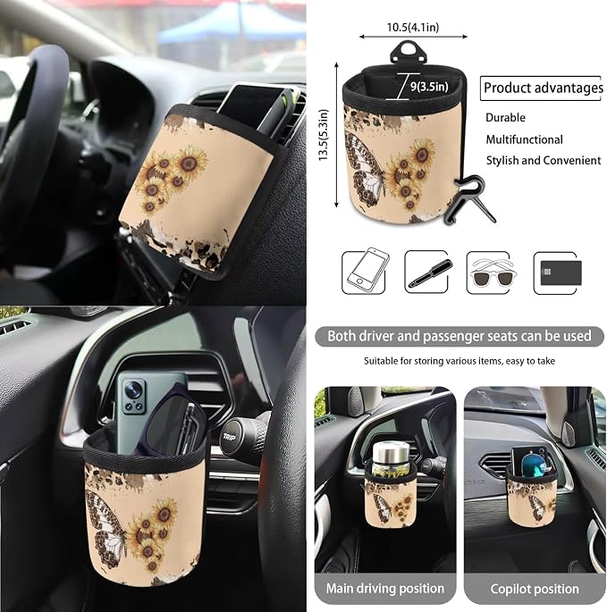 Butterfly Sunflower Print Car Seat Cover Sets for Women Full Set Leopard Cow Print Car Front and Rear Seat Covers with Steering Wheel Cover Safety Belt Pads Garbage Bag Coasters