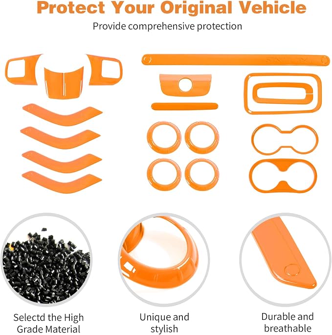 CheroCar 18PCS Interior Trim Kit for Jeep Wrangler JK JKU 2011-2018 4 Door,Steering Button Frame, Air Conditioning Vent Trim Cup Holder Cover,Gear Shift Knobs Frame,Orange…