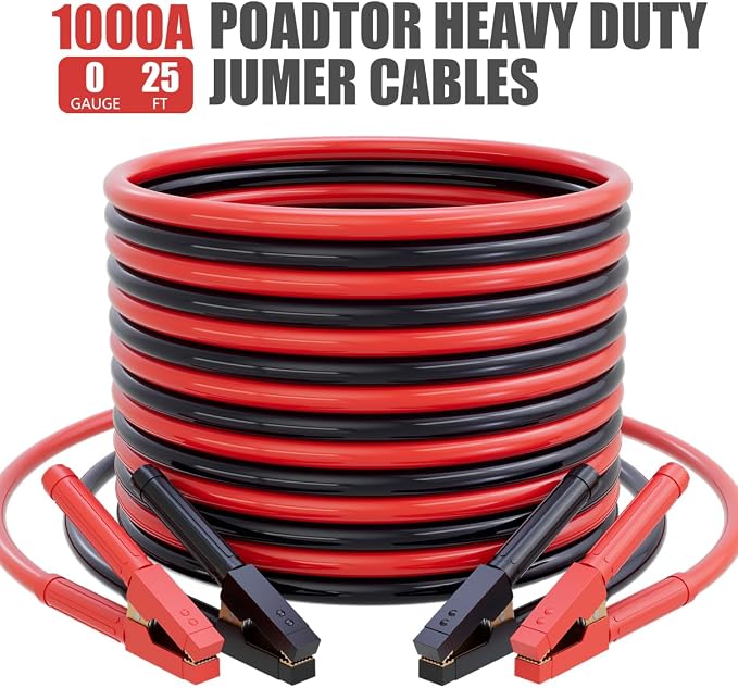 Heavy Duty Jumper Cables for Car Battery, 0 Gauge 25 Feet 1000AMP, Automotive Booster Cables for Jump Starting Dead or Weak Batteries, Suitable for 8L Gas & 6L Diesel, Carrying Bag Included
