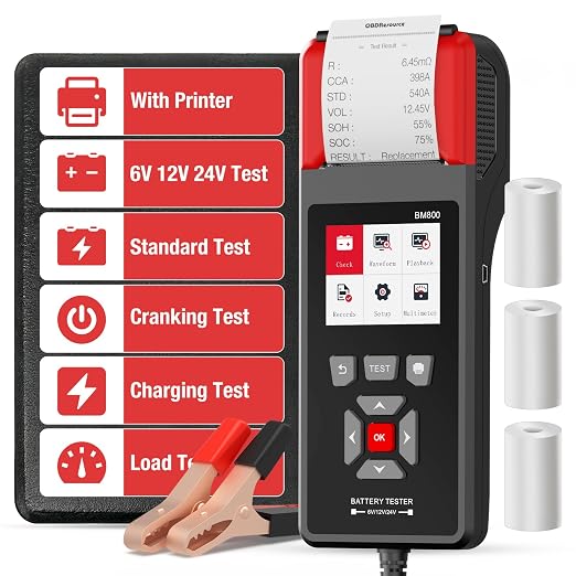 Car Battery Tester with Printer 100-2000 CCA 6V 12V 24V ELMCONFIG BM800 Battery Load Tester with Car Cranking and Charging System Analyzer Scan Tool for Cars, Trucks & Motorcycles (3PCS Thermal Paper)