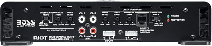 BOSS Audio Systems R2504 Riot Series Car Audio Stereo Subwoofer Amplifier - 1000 High Output, 4 Channel, Class A/B, 2/4 Ohm, High/Low Level Inputs, High/Low Pass Crossover, Bridgeable, Full Range