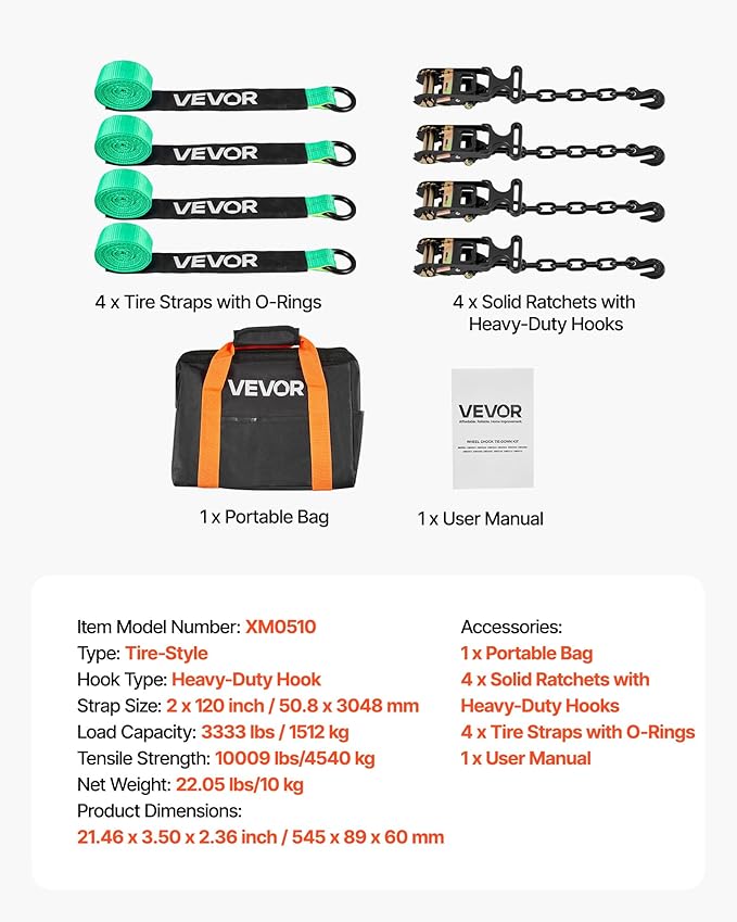 VEVOR Wheel Chock Tie-Down Kit, Tire-Style Tow Dolly Strap, Car Kit with Heavy-Duty Hook, Break Strength 10009 lbs & Working Load 3333 lbs Motorcycle Tie-Down System with O-Ring for ATV, SUV
