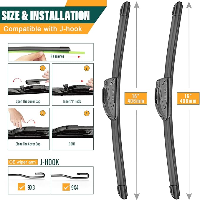 Windshield Wiper Blades Replacement for Jeep Wrangler JL 2018 2019 2020 2021 20222 2023 Original Factory Quality Front Rear Wiper Blade Set - 16" 16" 12" (Set of 3)