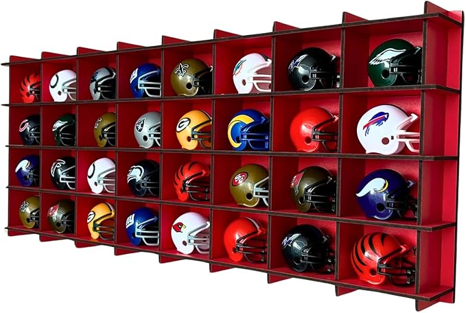 32 / 6 Color Mini Helmet Display Case, Wall Mount Mini Football Helmets,Football Helmet Display Case,Mini Football Helmet (RED)
