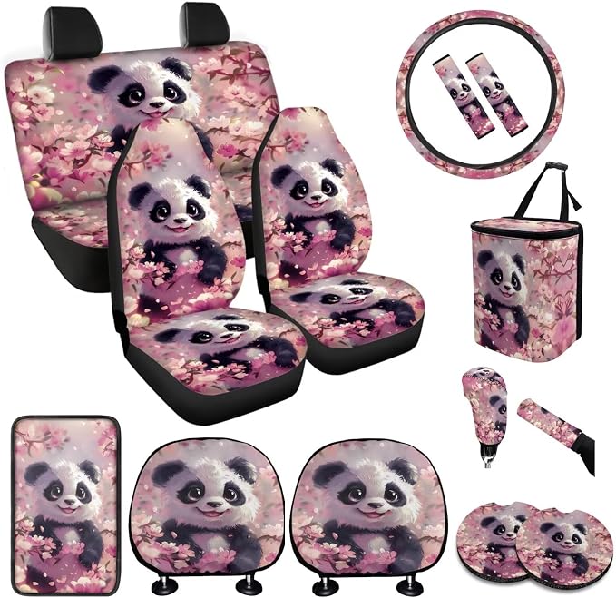 BIGCARJOB Cute Panda Print Car Seat Accessories Full Set 15 Pack Pink Panda Seat Cover for Cars Front and Rear Handbrake Cover,Headrest Pillow Cover,Seat Belt Pads,Universal Fit