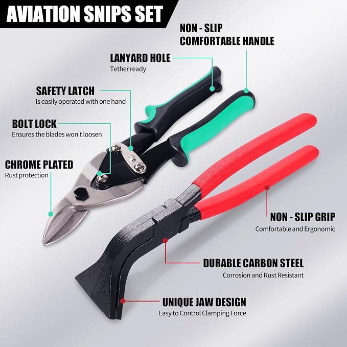6-Piece Sheet Metal Tools Set – Aviation Tin Snips (Straight Left Right) & Hand Seamers (Straight, 45°, 90°), Metal Cutting Shears & Bending Pliers Kit for HVAC Ductwork Fabrication