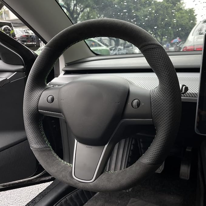 MEWANT Hand Stitch Athsuede Perforated Real Leather Steering Wheel Cover for Tesla Model 3 2017-2020 DIY Steering Wrap