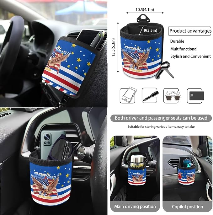 Wanyint Car Seat Cover Set 15 PCS, with Steering Wheel Seat Belt Rearview Mirror Cover Garbage Cans Air Vent Pouch Coasters Keychain US 250th Anniversary Auto Decor, American Flag Hibiscus Eagle