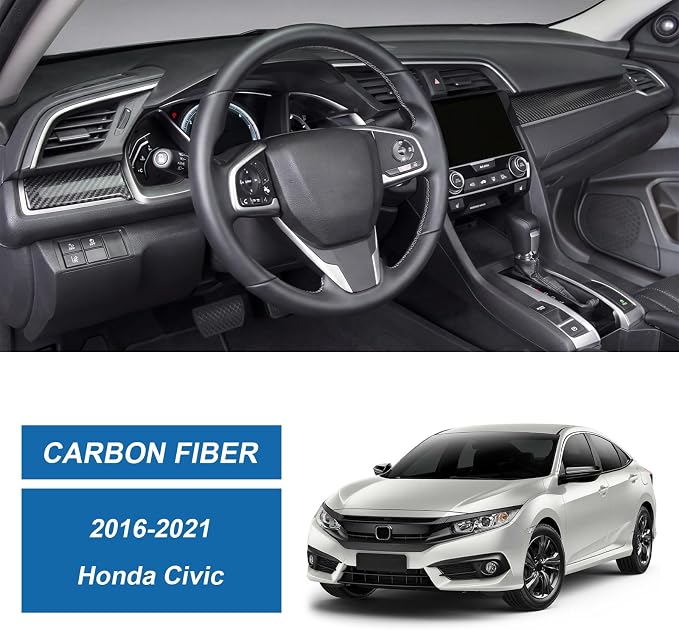 Real Carbon Fiber Center Console Dashboard Panel Trim Compatible with 2016-2021 10th Gen Honda Civic, Interior Decor Sticker Accessories