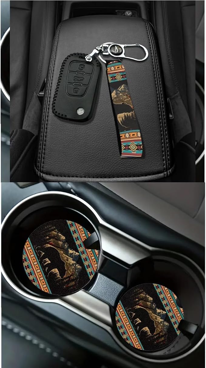 Dreaweet Mountain Bear Aztec Seat Covers for Cars Full Set 15 Pcs Universal Tribal Steering Wheel Cover Seat Belt Pads Car Coasters Trash Bag Air Vent Storage Pouch Rear View Mirror Cover Keychain