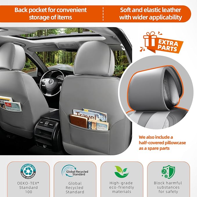 5-Seater Car Seat Covers Full Set Waterproof and Breathable Nappa Leather, Fit for Front and Rear Seats of Cars, Compatible with Airbags, Car Seat Protector Covers for Most Cars - Light Gray