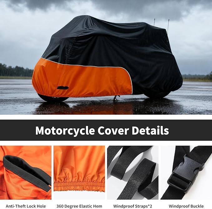 Motorcycle Cover Heavy Duty Waterproof, for Motorcycle with Side+Top Box, Compatible with Harley Davidson Ultra Ltd, Road Glide Ltd, Honda Goldwing, BMW, Indian Motorcycle Accessories, Black/Orange
