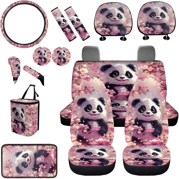 BIGCARJOB Cute Panda Print Car Seat Accessories Full Set 15 Pack Pink Panda Seat Cover for Cars Front and Rear Handbrake Cover,Headrest Pillow Cover,Seat Belt Pads,Universal Fit
