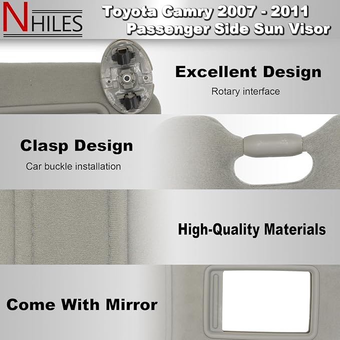 NHILES Right Passenger Side Sun Visor Compatible with Toyota Camry Without Light 2007 2008 2009 2010 2011 Replaces# 74310-06750-B0 Color Gray