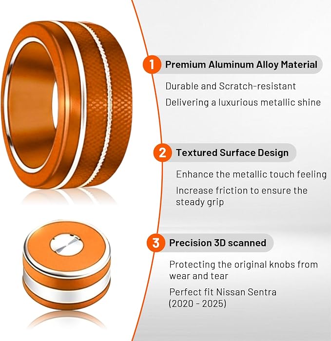 Interior Decoration Accessories for Nissan Sentra (2020-2025) - 12-Pieces Aluminum Alloy Ring Knob Cover Trim, Fits Push Start, A/C, Air Vent, & Volume Tune, 12PCS Set, Orange