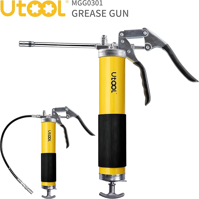 UTOOL Grease Gun | 8000 PSI Heavy Duty Pistol Grip Grease Gun Kit, 14 oz Capacity, 18 Inch Resin Flex Hose, 2 Basic Coupler and 1 Extension Rigid Pipe