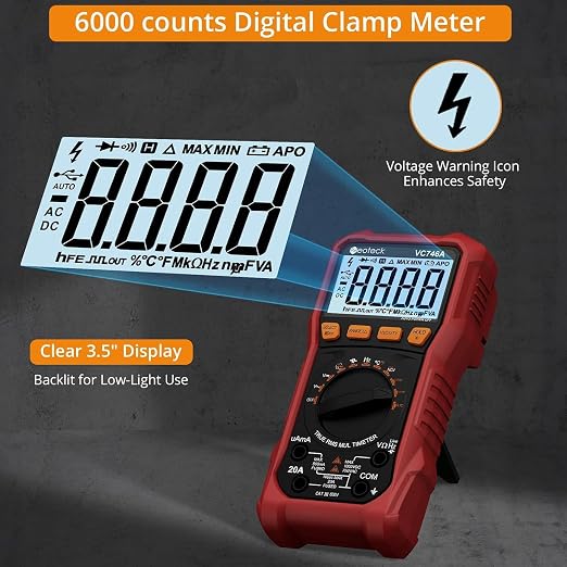 Neoteck 6000 Counts Digital Multimeter for DC AC Voltage/Current TRMS Voltmeter with Test Probe Auto Range Multimeter with NCV Live for Temperature Capacitance Resistance Diode Continuity Red