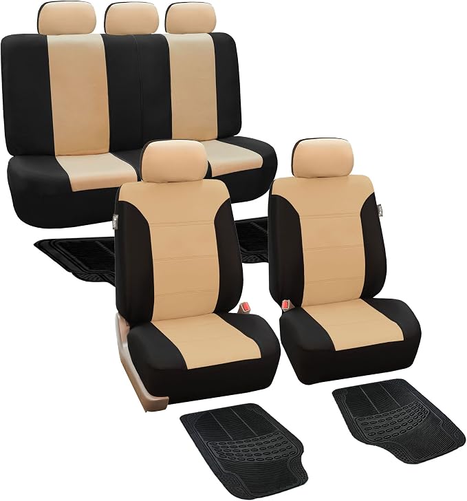 FH Group FB065115 + F11306 Classic Khaki Seat Covers (Beige) Full Set – Universal Fit for Cars Trucks & SUVs
