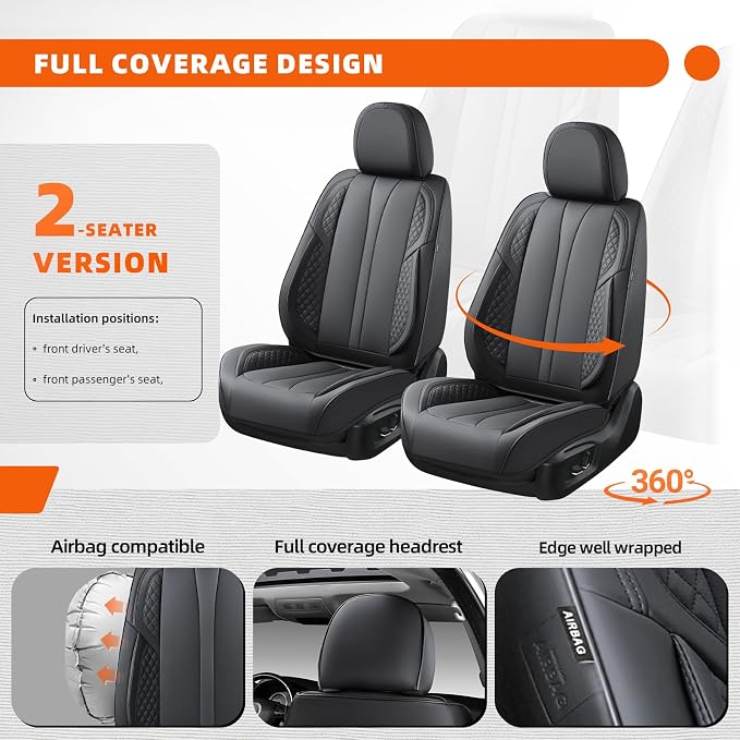 2-Seater Car Seat Covers Full Set Waterproof and Breathable Nappa Leather, Fit for Front Seats of Cars, Compatible with Airbags, Car Seat Protector Covers for Most Cars - Pure Black
