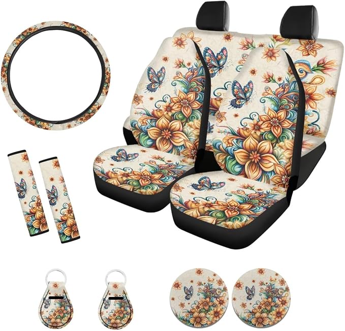 Xoenoiee Butterfly Bohemian Mandala Print 11 Pcs Car Accessories Seat Cover Full Set, Steering Wheel Cover, Front & Rear Seat Cover, Seat Belt Pads, Cup Coaster, Key Chains - Universal Fit