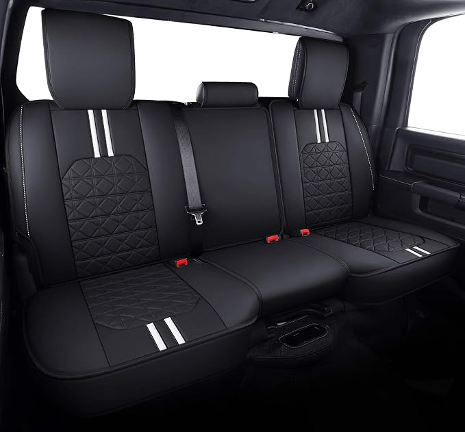 YIERTAI RAM Seat Covers Fit for 2009-2023 2024 2025 2026 1500HD 2010-2026 2500/3500HD Pickup Rear Seat Cover Crew Double Cab Quad Cab Waterproof Faux Leather(1 Rear Seat Cover/Black-White)