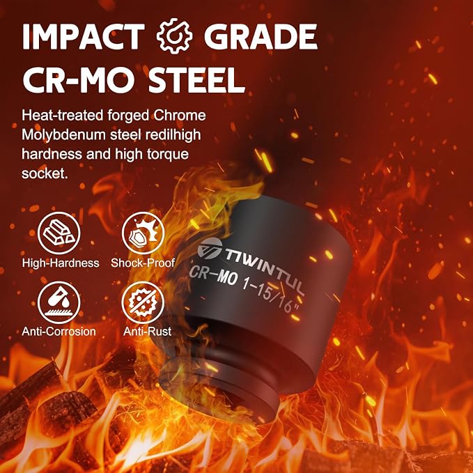 3/4" Drive Impact Socket Set, 14 Pieces SAE (1-11/16” to 2-1/2”) | Spindle Axle Nut Socket Set, 6-Point, CR-MO Steel Large Impact Socket Set with Storage Case for Truck, Railroad, Bridge