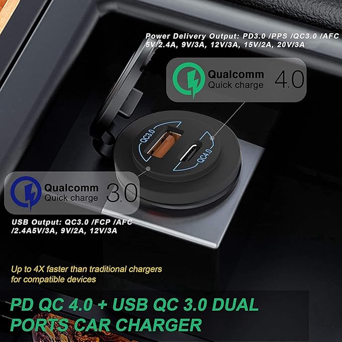 4X Quick Charge 4.0 PD QC 3.0 USB Car Charger 12V 24V 60W USB Outlet Fast Charger for Car, Boat, Truck, RV, Motorcycle