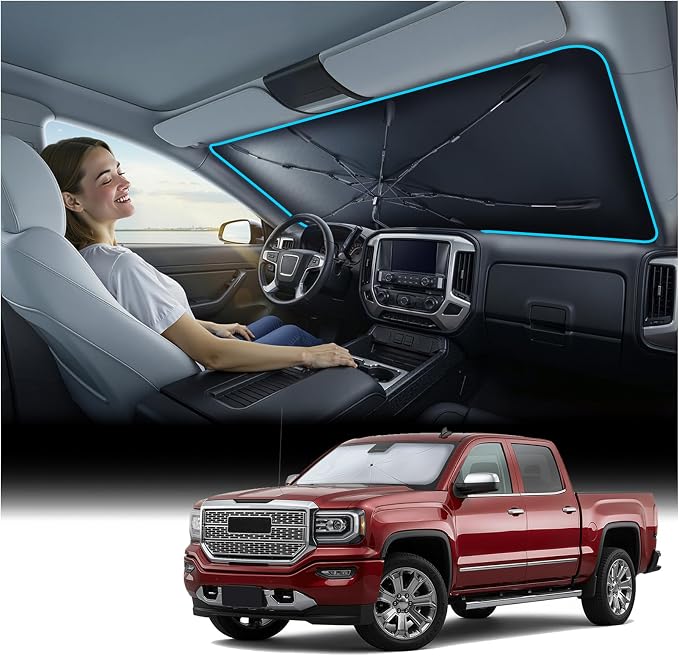 Nmoiss Windshield Sun Shade Umbrella for GMC Sierra 1500 2500HD 3500HD, [Vinyl Coating Heat Shield] Protect Car from Sun Rays & Heat Damage Keep Cool and Protect Interior