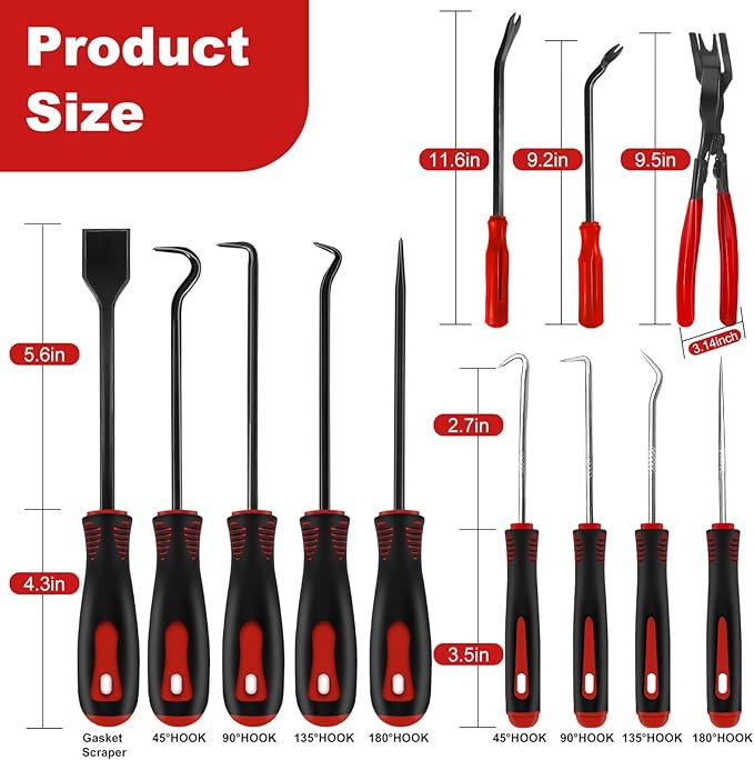 17Pcs Hook and Pick Tool Set with Scraper Auto Clip Removal Plier Fastener Remover Rivets Puller Mechanic Car Trim Removal Tool Kit Gasket Telescoping Magnetic Pickup Hand Automotive Tools (Red)