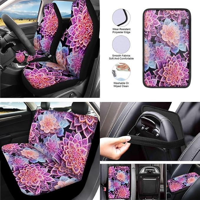 Bohemia Lotus Mandala Purple 13 Pieces Seat Covers Accessories Boho Flower Fractal Art Steering Wheel Cover Seat Cover Full Set Seat Belt Shoulder Pad Car Cover for Truck