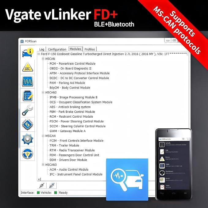 Vgate vLinker FD+ OBD2 Bluetooth Adapter – Diagnostic Code Reader for iOS, Android & Windows (Supports MS-CAN, ELM327)