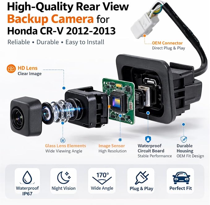 OE#39530-T0A-A01 Rear View Backup Reverse Parking Camera/Rear View Camera | Compatible with Honda CR-V 2012-2013 Parking Assist Reverse Camera with Dynamic Trajectory Lines 170° Wide Angle 39530T0AA01
