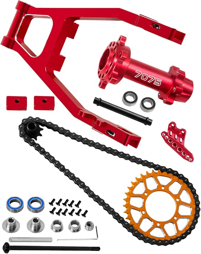 Steel Roller Chain&Rear Swing Arm&Rear Hub Chain Sprocket Gears&Front Sprocket&Chain Guard Protector&Rear Wheel Hub Hex Upgrades for L0Si 1/4 Promoto-MX Motorcycle RTR FXR,Red with Orange