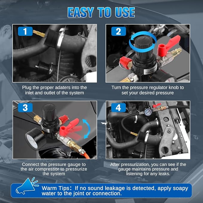 Turbo Boost Leak Tester Kit 10PC Boost Leak Tester Automotive Well-sealed Turbo/Emission/Cooling System Pressure Leakage Tester with 4 Pairs of Stepped Adapters 1-3/8" to 3-1/2", US & EU Air Fitting