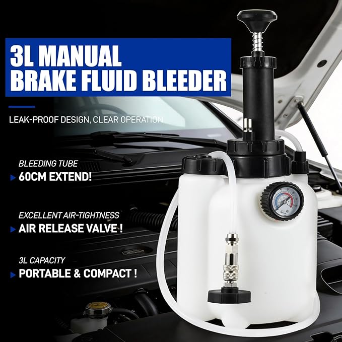 3L Brake Bleeder Kit with Pressure Pump, Brake Fluid Bleeder Kit with 1L Brake Bleeder Bottle and 4 Master Cylinder Adapters for European and American Vehicle