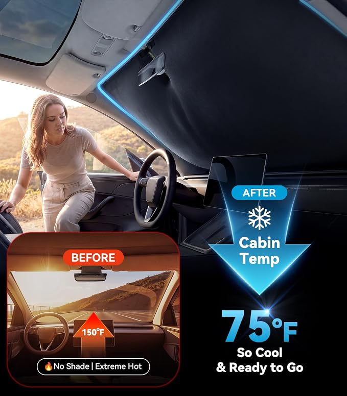 Nmoiss Ice Silk Air-Cooled Car Windshield Sun Shade, [Enjoy Superior Coolness & Comfort] 84.2% Heat Insulation UPF>50 UV Block, Interior Protection, Universal Fit for Car SUV Truck Accessories, XL