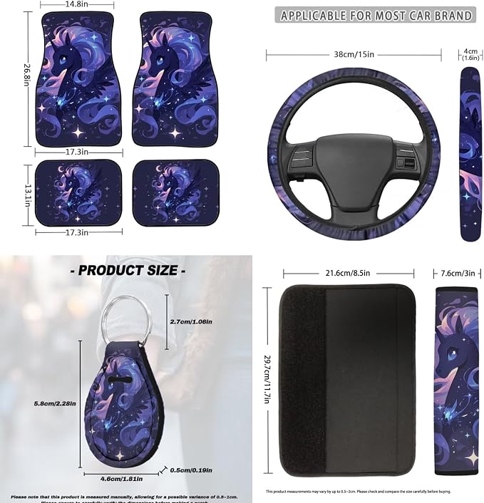 18 Pcs Beautiful Pegasus Car Interior Accessories Set for Women, Car Seat Covers with Steering Wheel Cover Floor Mats Armrest Pad Seat Belt Pads Roof Handle Wraps Cup Coaster Keychain