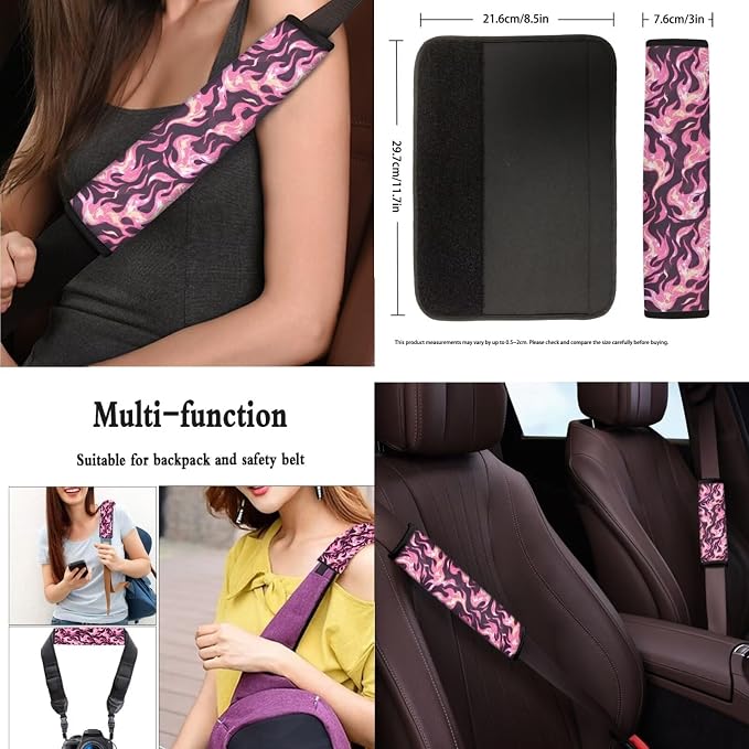 Pink Flame Graphic 13 Set Car Seat Cover, Color Fire Print Cup Holder Coasters Headrest Cover, 3D Flame Graphics Steering Wheel Cover Seat Belt Cover Keychain
