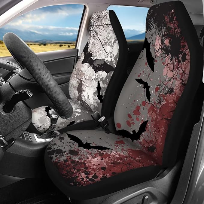 Spider Web & Bats Pattern Auto Seat Cover Set of 13, Car Front & Back Seat Cover with Steering Wheel Cover, Seat Belt Covers Cup Holder Keychain, Fit for Most Cars SUV